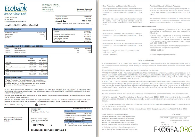 Relevé hypothécaire de la banque Ecobank du Burkina Faso, 2 pages, 1 , 2 scr